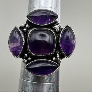New Amethyst Crystal Multi Stone Silver Overlay Ring Size 8.25